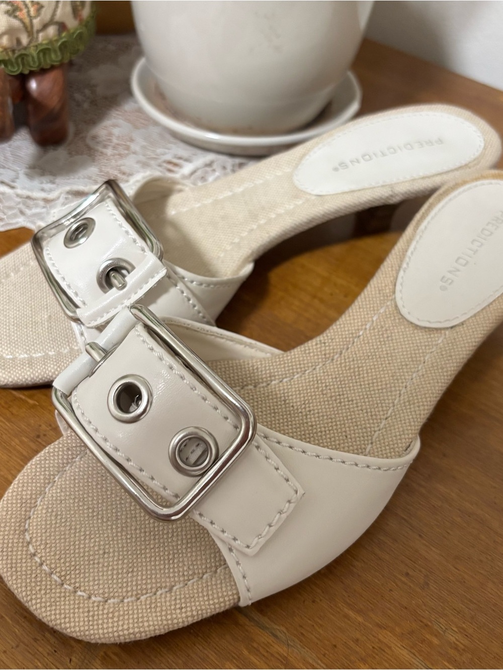 Predictions Cream Slide Heels with Silver Buckle